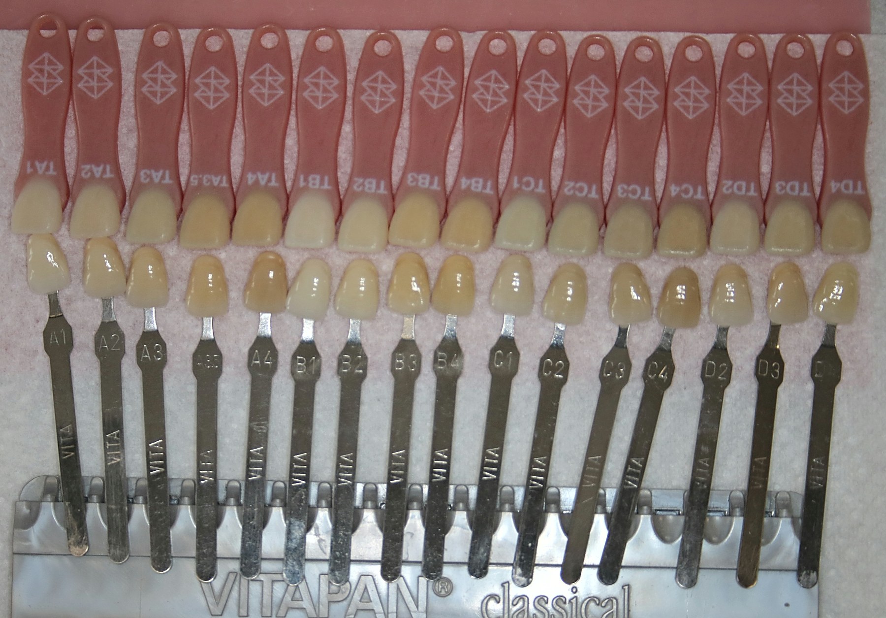 Oben 16 gedruckte TrueDent-Farbmuster von TA1 bis TD4, darunter die Farbmuster des Farbrings VITA classical von A1 bis D4